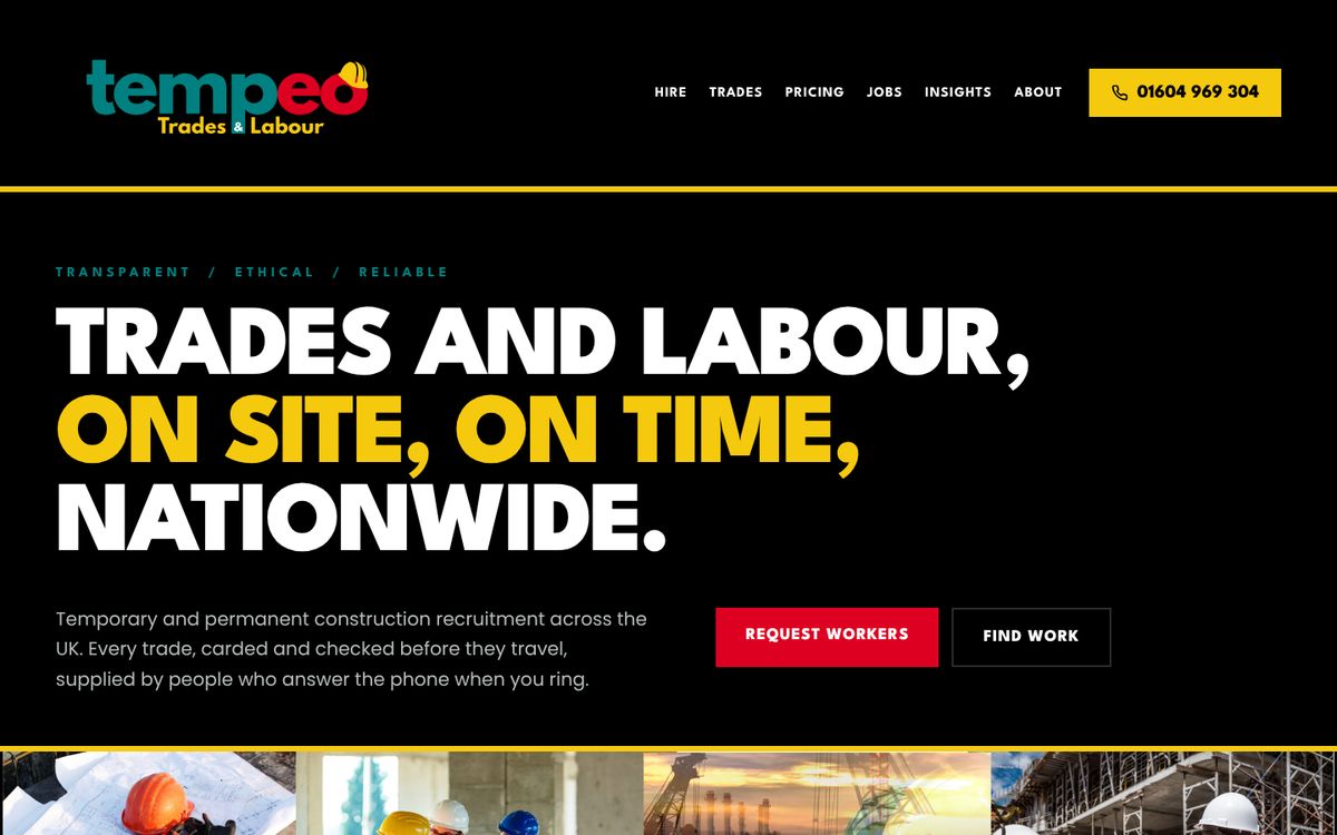 Tempeo home page: Trades and labour, on site, on time, nationwide